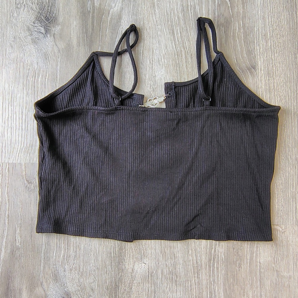 Forever 21 Black Ribbed Halter Crop Top Rhinestone Chain Detail Size Medium - Picture 2 of 7